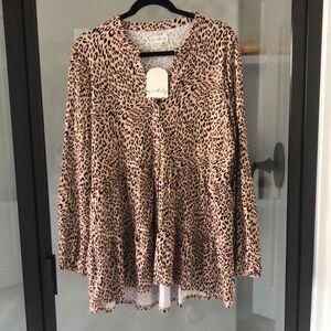 Wonderly Leopard knit tiered high low tunic blouse top XL Fall animal print